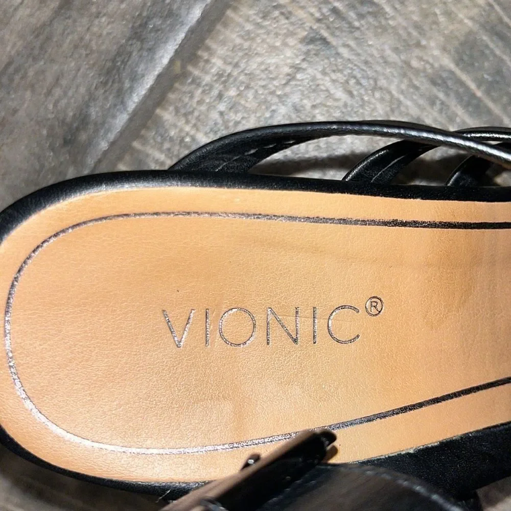 Vionic black Sami  leather ankle strap caged 3.5” block sturdy heels